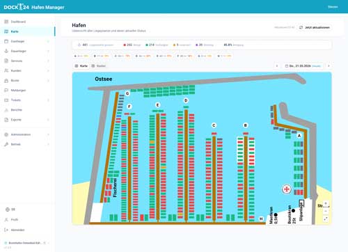 Benutzeroberfläche des DOCK24 Hafenmanagers mit dem interaktiven, digitalen Hafenplan zur effizienten Liegeplatzverwaltung.