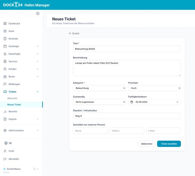 hafenmanager-ticket-system-kommunikation-organisation Ansicht des DOCK24 Hafenmanagers beim Anlegen eines neuen Tickets zur digitalen Organisation im Hafen.
