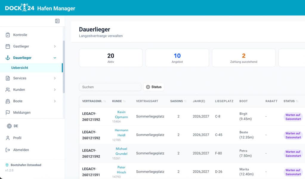 hafenmanager-vertragsmanagement-dauerlieger-uebersicht Übersicht der Dauerlieger im DOCK24 Hafenmanager für das automatisierte Vertragsmanagement in der Marina.